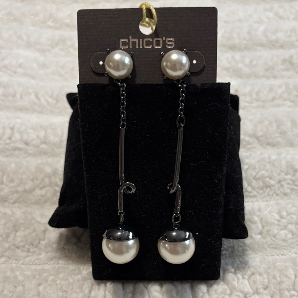 Chico's Black Metal and White Pearl Long Drop Earrings